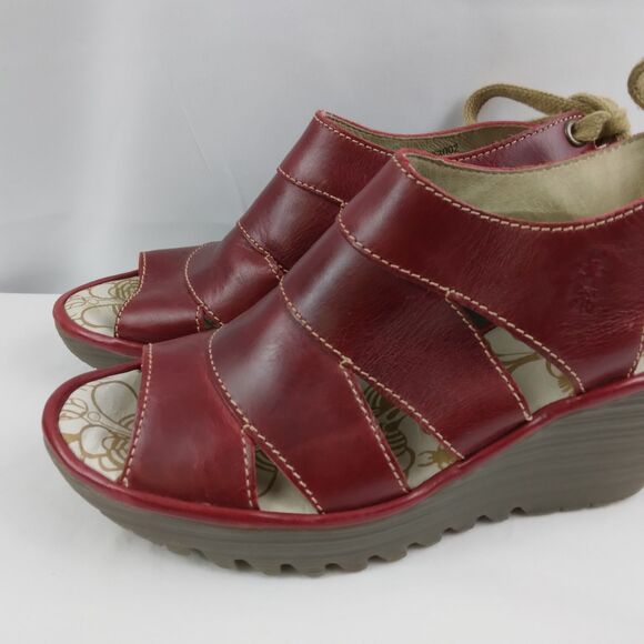 Fly London YOWN Dark Red Wedge Peep Toe Sandals Lace Up  Womens Size 38 US 7.5 8 - Picture 8 of 16